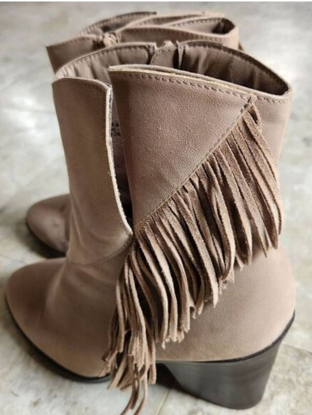 Cowgirl Western Taupe Ankle Boots with Side Zip Bkock Heel and Fringe Accent